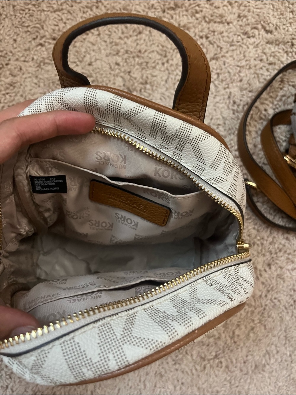 Michael Kors White/Tan MK Logo Mini Backpack with Gold Studs - Picture 2 of 4